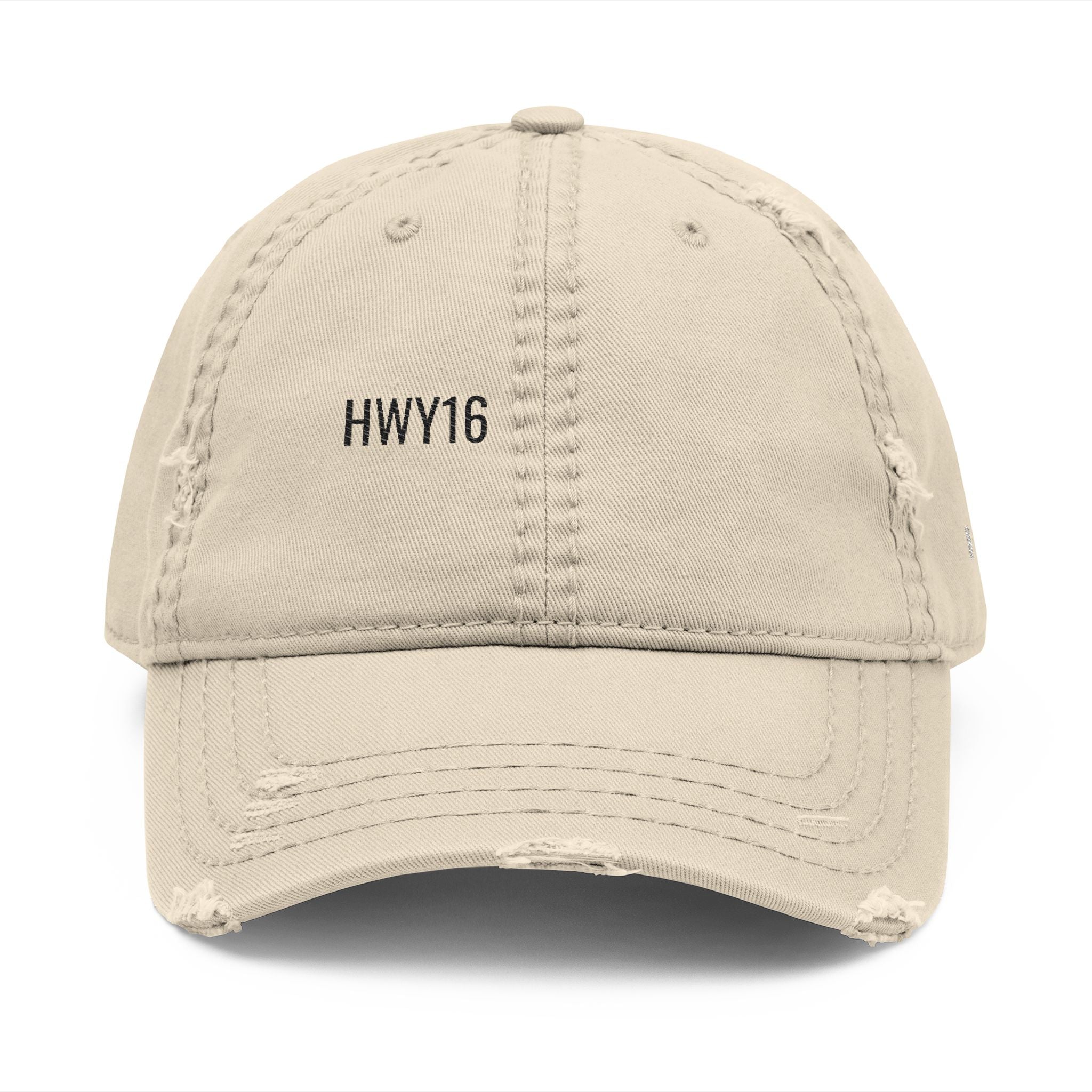 HWY16 Distressed Dad Cap — Bone