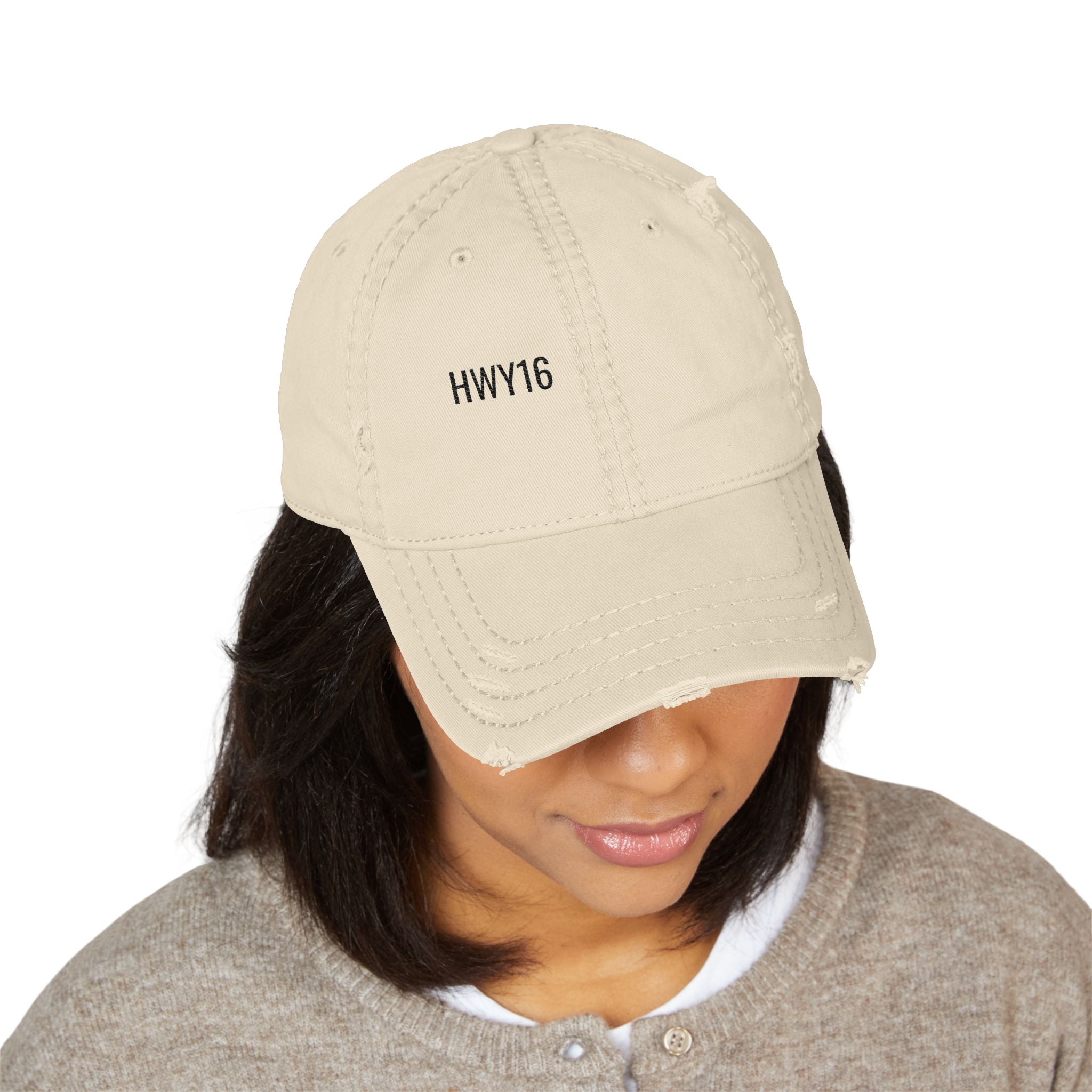 HWY16 Distressed Dad Cap — Bone